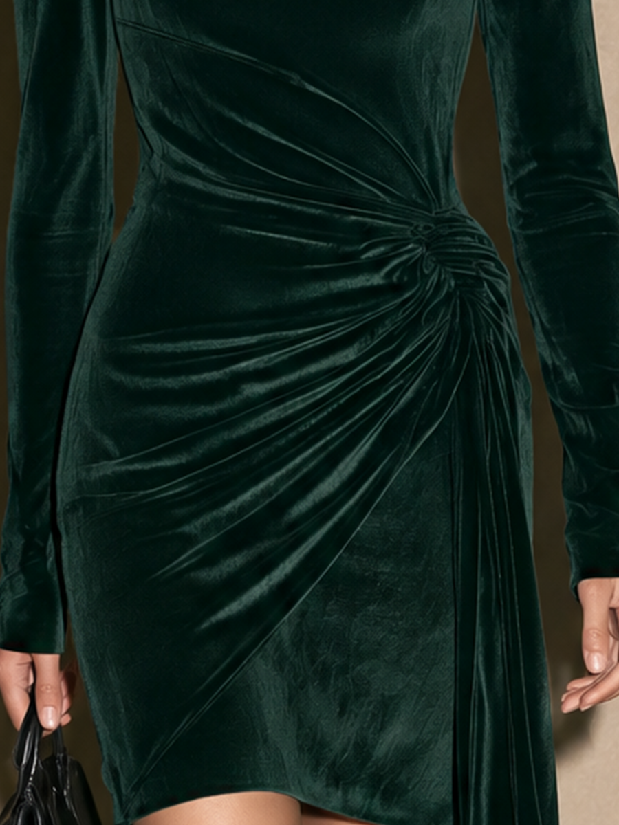 Women's Velvet Draped High Neck and Ruched Waist Mini Dress
