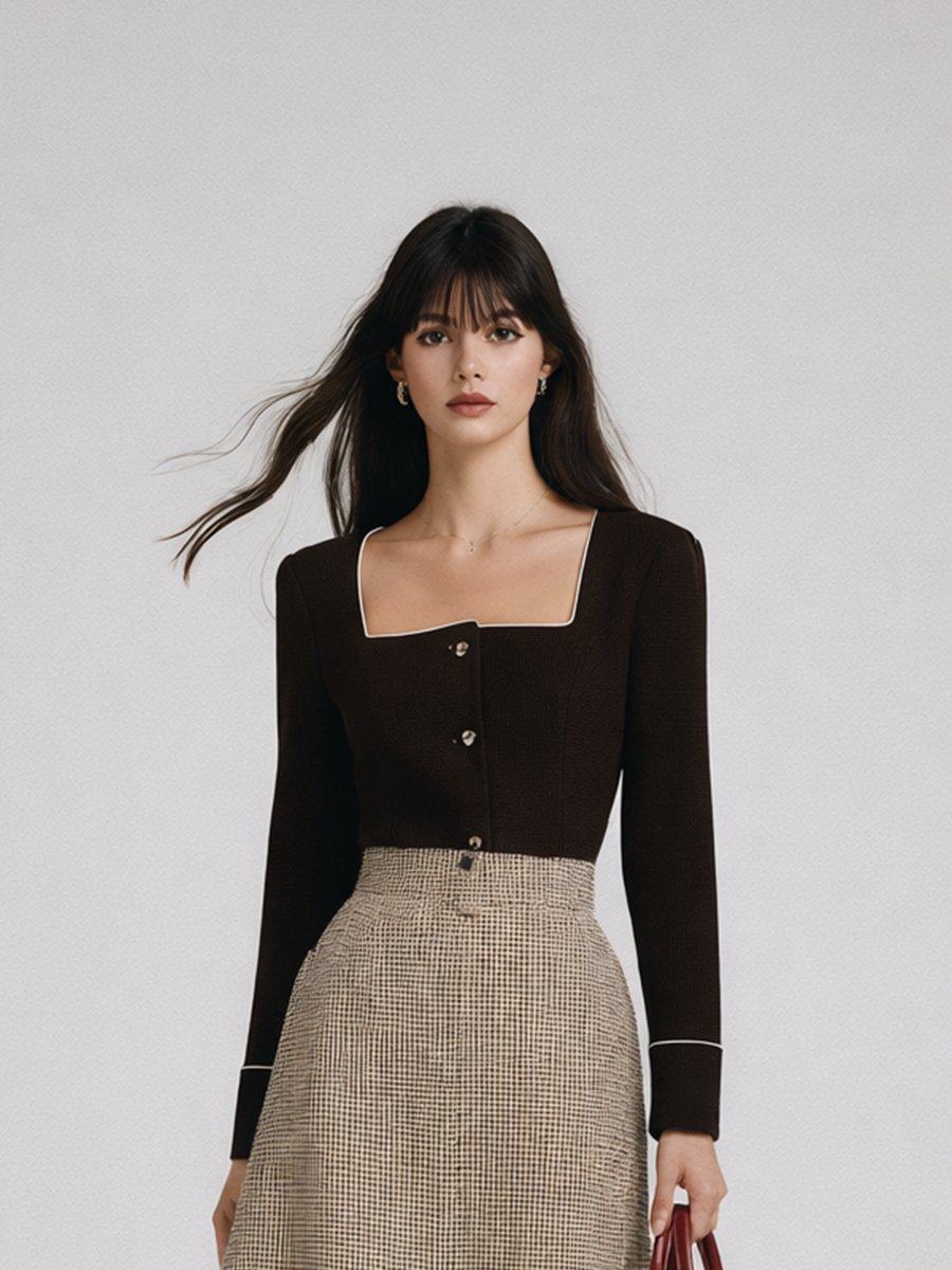 Women's elegant cotton blend black and brown plaid patchwork dress MDA1914L7BA