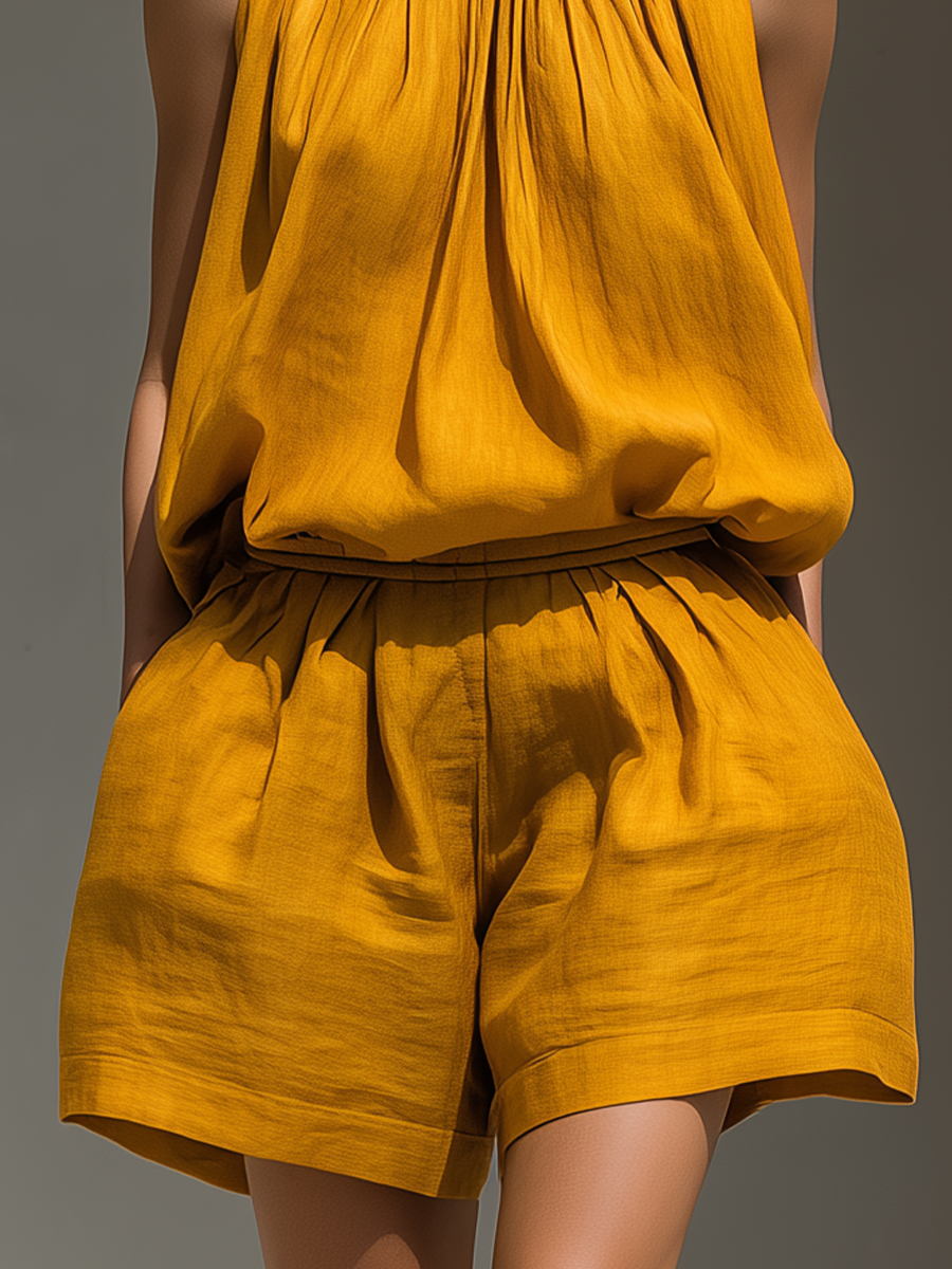 Women's Mustard Yellow Halter Neck Top & High-Waisted Shorts Two-Piece Set MDZ2757B5T