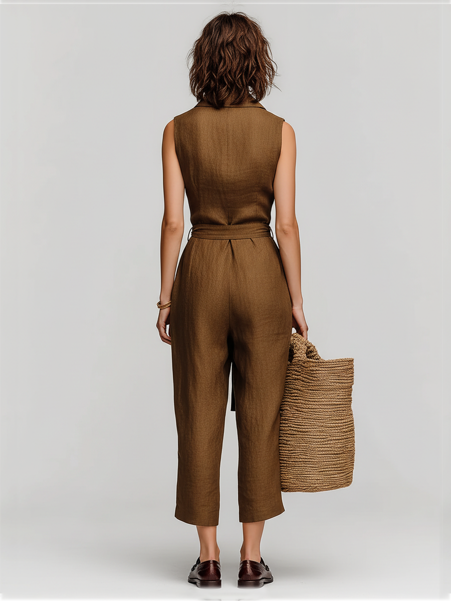 Women's Tobacco Brown Linen Jumpsuit With Self-Tie Waist & Collared V-Neck, Timeless Resort-Casual Style Jumpsuit MDZ0638B5I