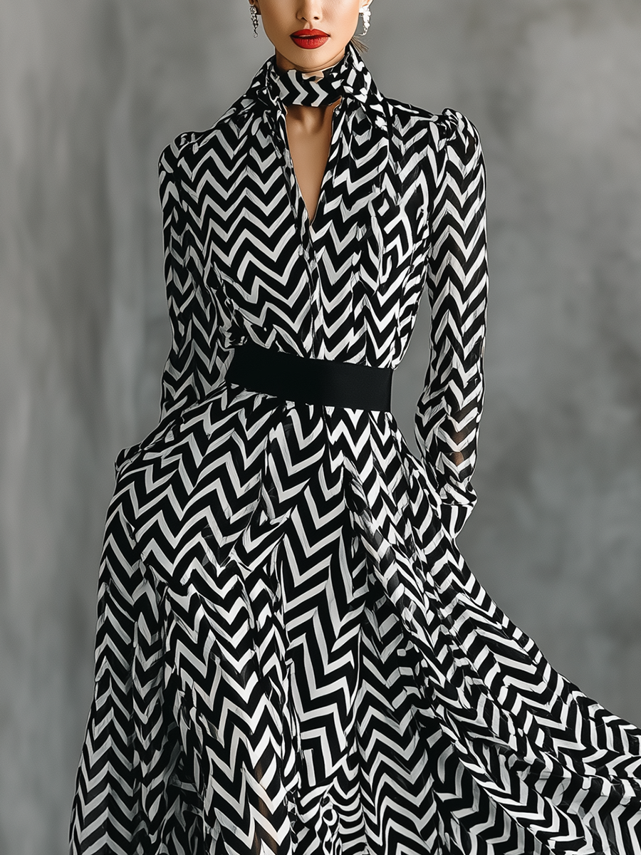Women's Black And White Herringbone Chiffon Tie-Up Maxi Dress MDA2542G5T
