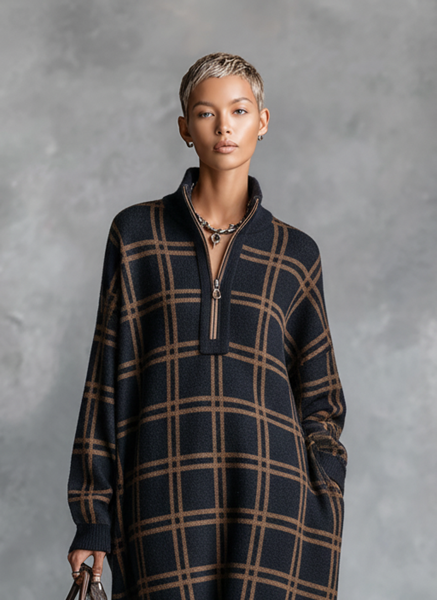 Women's Loose Plaid Zipper Neck Knitted Maxi Dress MDA1505J9Y