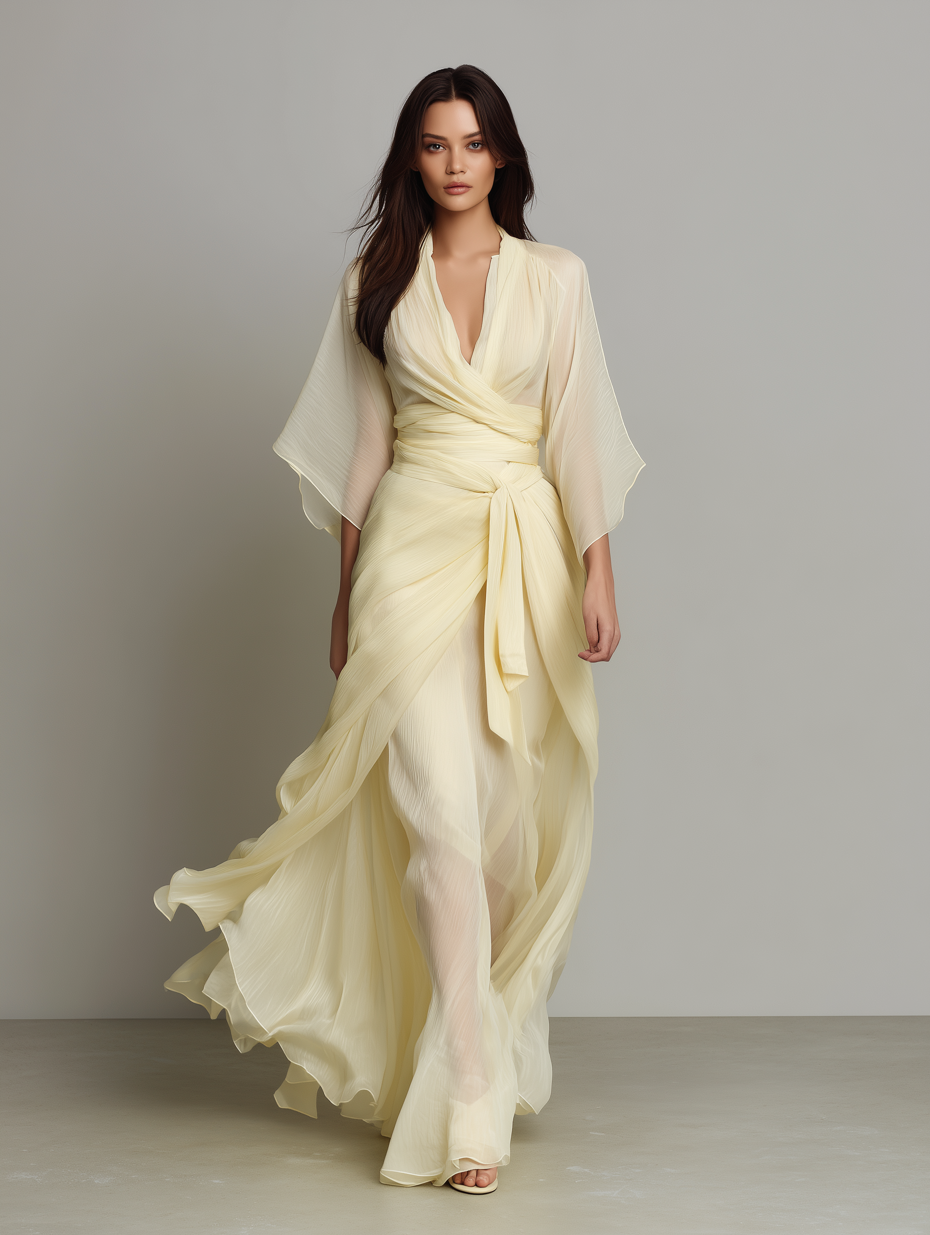 Women's Pale Yellow Sheer Chiffon Dress With Deep V-Neck & Wrap Detail, Timeless Romantic-Luxe Style Dress MDZ0699A6I
