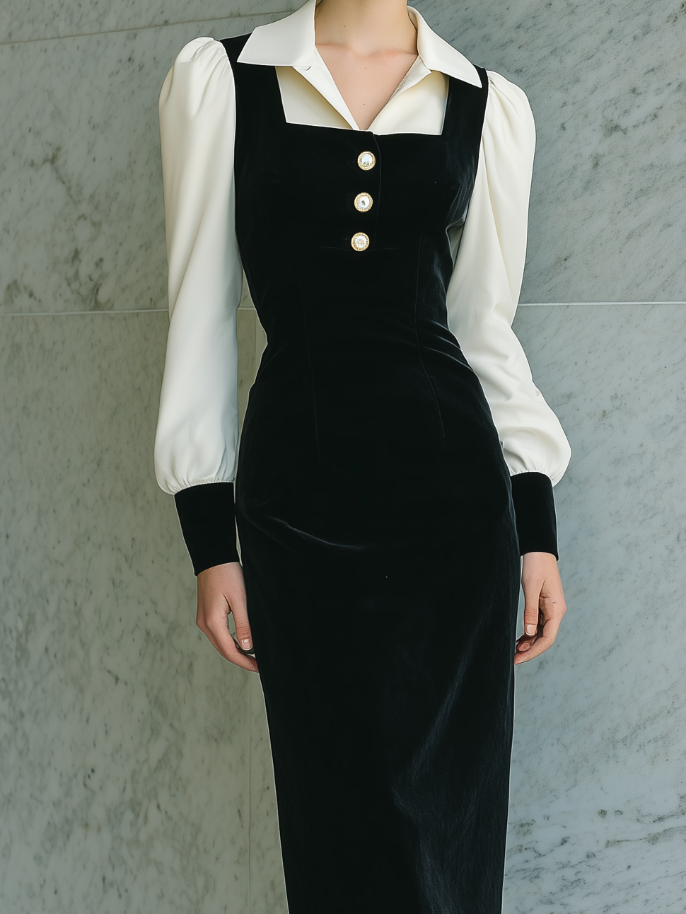 Women's Elegant Velvet Black Shirt Dress With Fitted Long Sleeves MDA2057L9AN