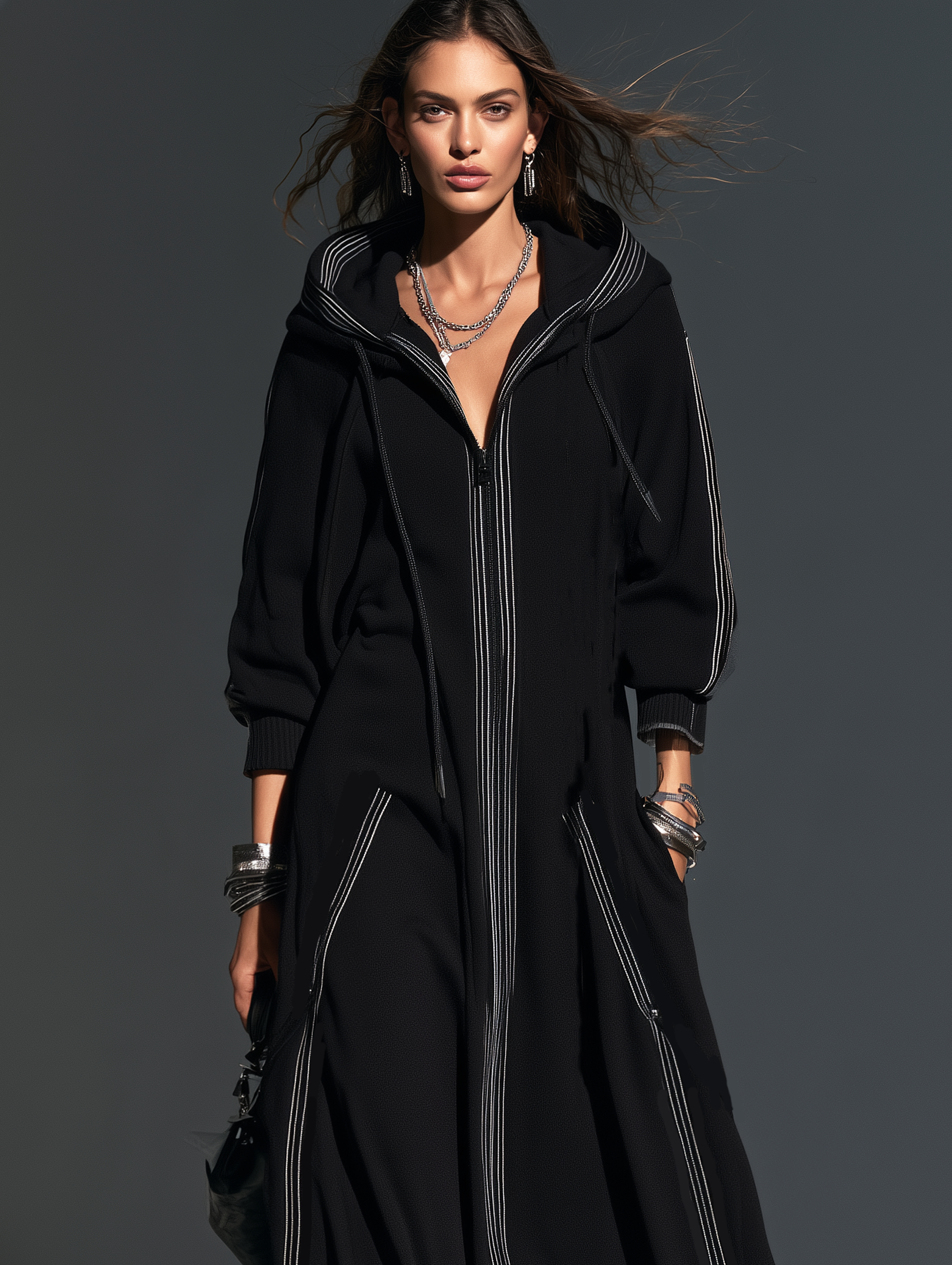 Women's Casual Black Long-Sleeve Hooded Long Coat In Sweatshirt Fabric MDZ0875I3LXY