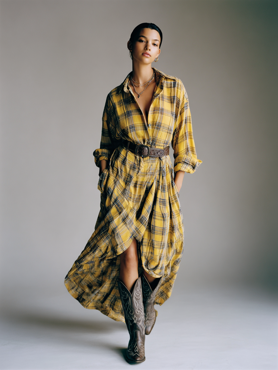 Women's Plaid Short Front And Long Back Shirt Maxi Dress(Belt Not Included) MDA1383H5Y
