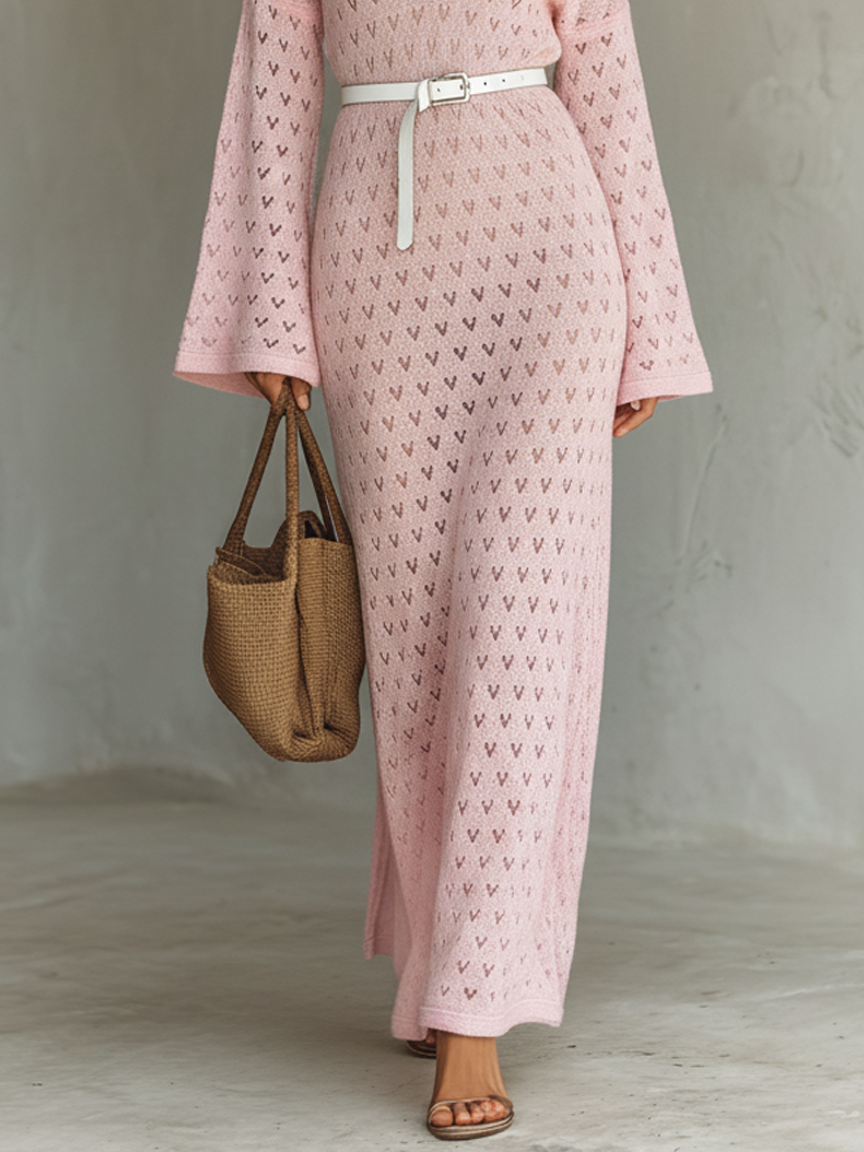 Women's Minimalist Knitted Heart-shaped Cutout V-neck Maxi Dress (Without Belt)MDA1833L2Y