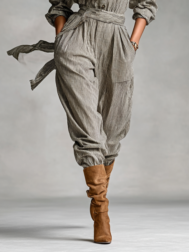 Women's Fashion Striped Lapel Long Sleeve Jumpsuit MDA3015G1Y