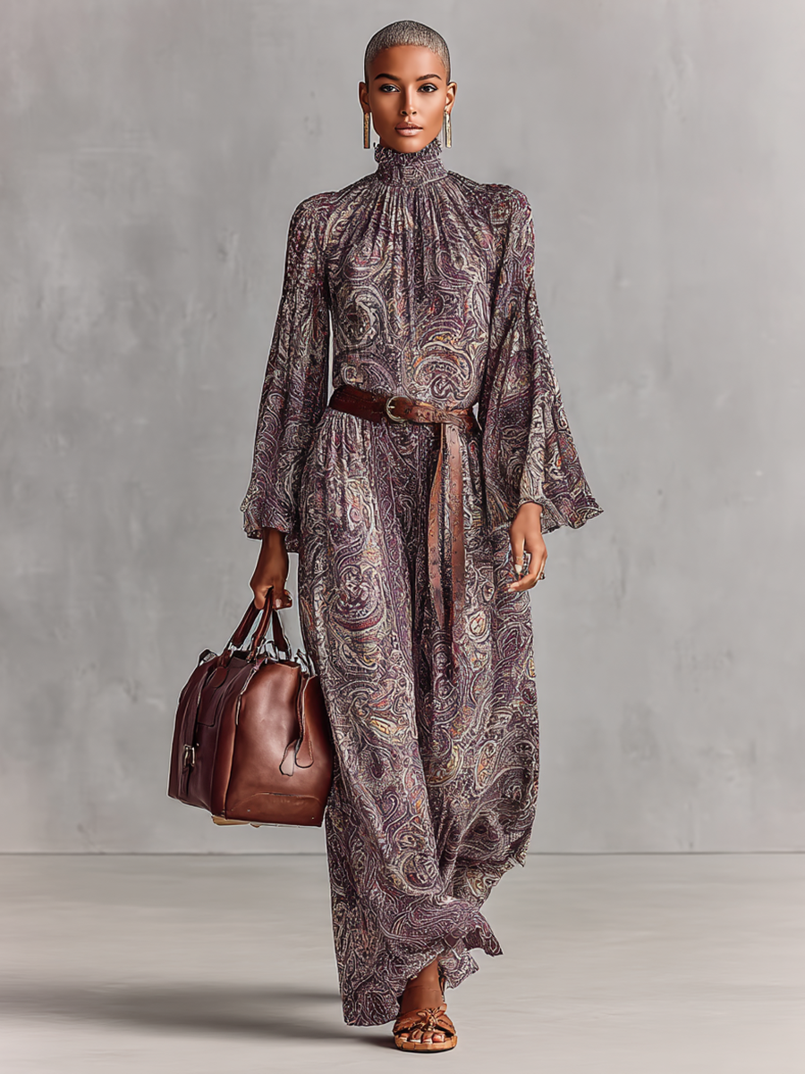 Women's Paisley Print High Collar Trumpet Long Sleeve Loose Maxi Dress (without Belt)MDA2193G4Y