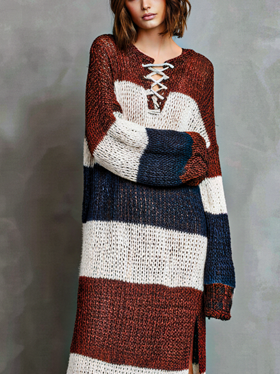 Women's Multicolor Ribbed Knit Tie-Waist Slit Sweater Maxi Dress MDA3088J5T