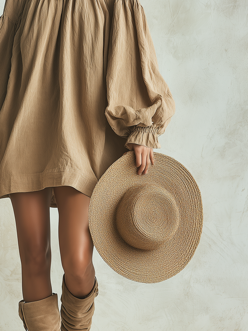 Women's Casual Khaki Cotton-linen Blend Round Neck Long-sleeved Loose-fitting Short Dress MDZ1344B6AN