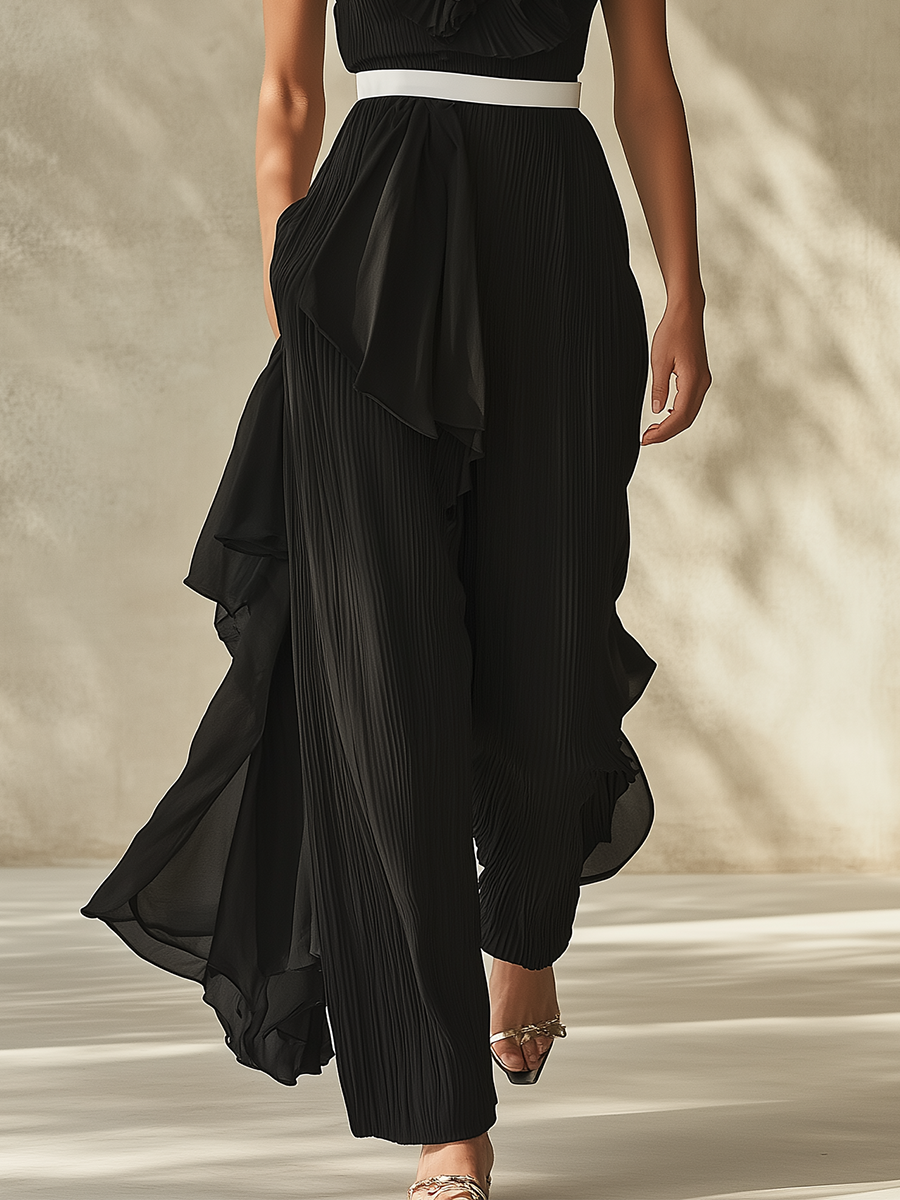 Women's Elegant Halter Ruffle Pleated Jumpsuit Maxi Dress MDA1920G9T