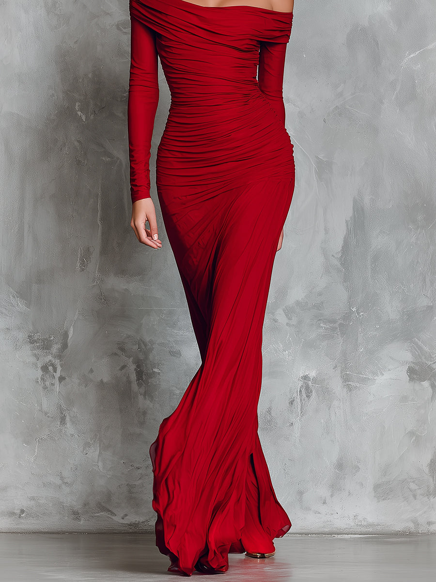 Women's Red Glamorous Silk - Blend Off - Shoulder Ruched Maxi Dress MDA1991I2I