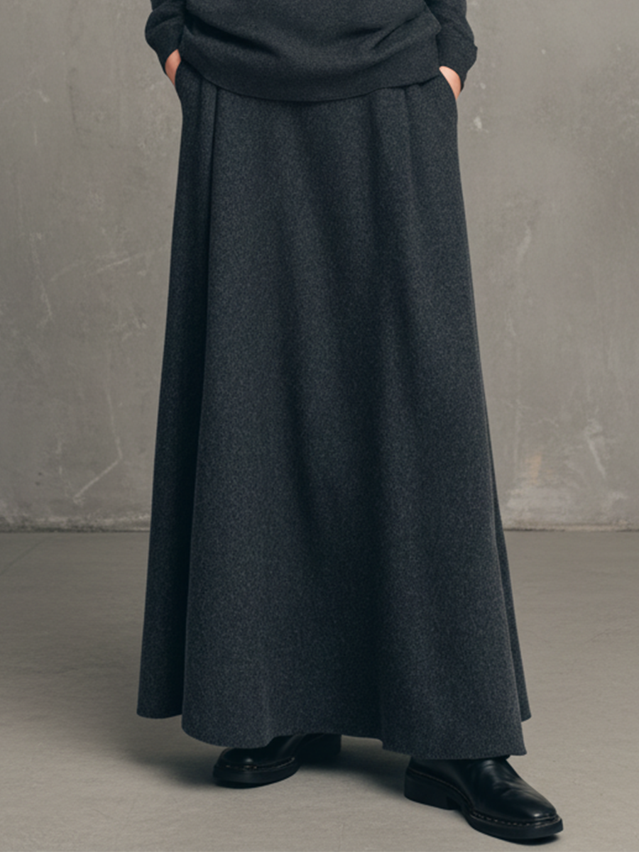 Women's Charcoal Gray Air-layer High-neck Top And Flared Long Skirt Set MDA1107L4T