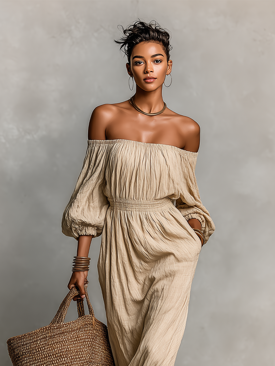Women's Beige Textured Dress With Off-Shoulder Neckline & Ruched Waist, Timeless Boho-Chic Style Dress MDZ1484B6I