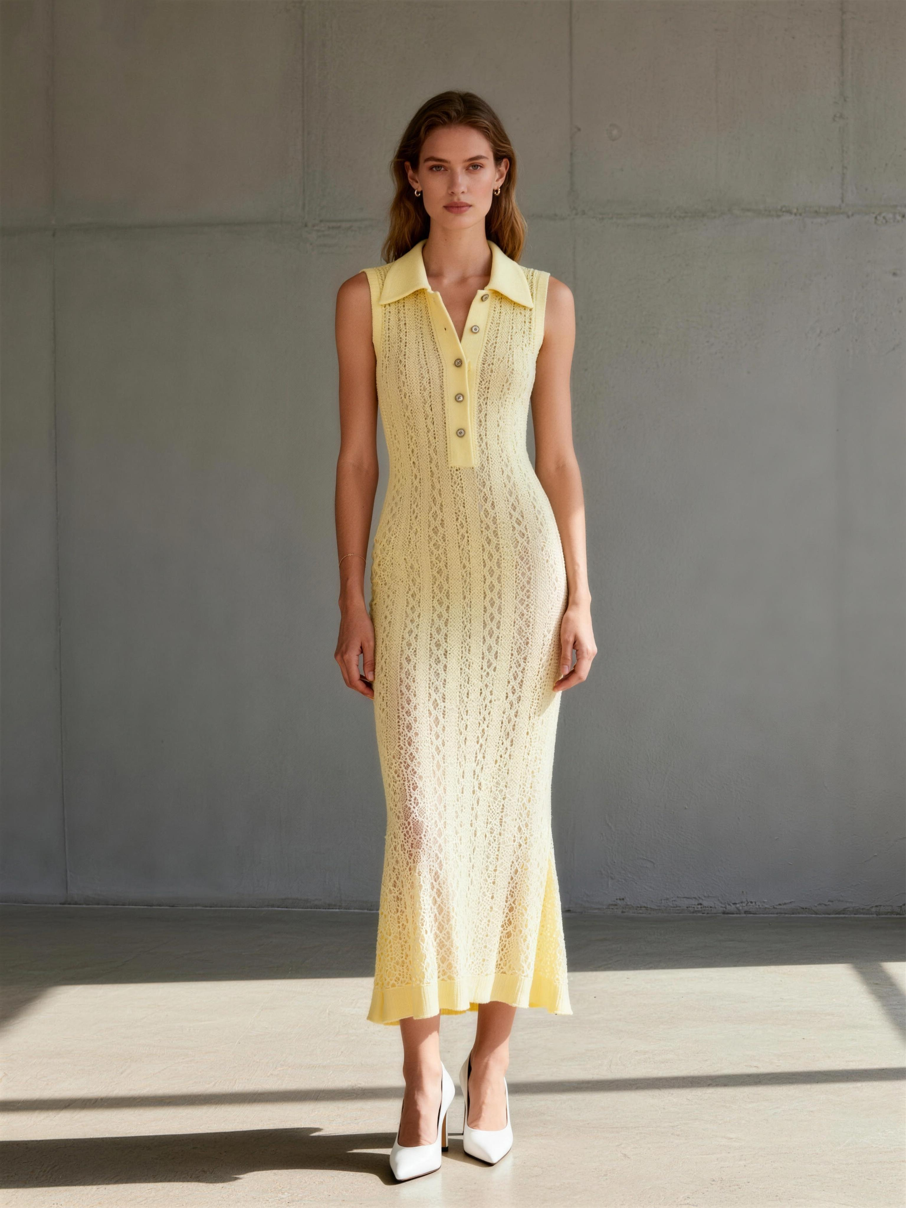 Women's Minimalist Knitted Shirt-collar Sleeveless Maxi Dress MDZ0559A0Y