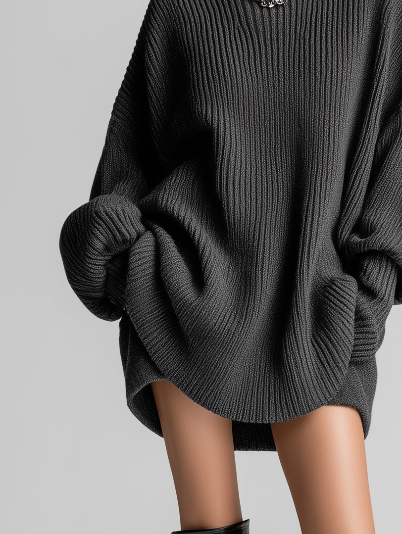 Women's Elegant And Fashionable Gray Turtleneck Long-sleeved Wide-cut Short Sweater Dress MDA0837K5AN