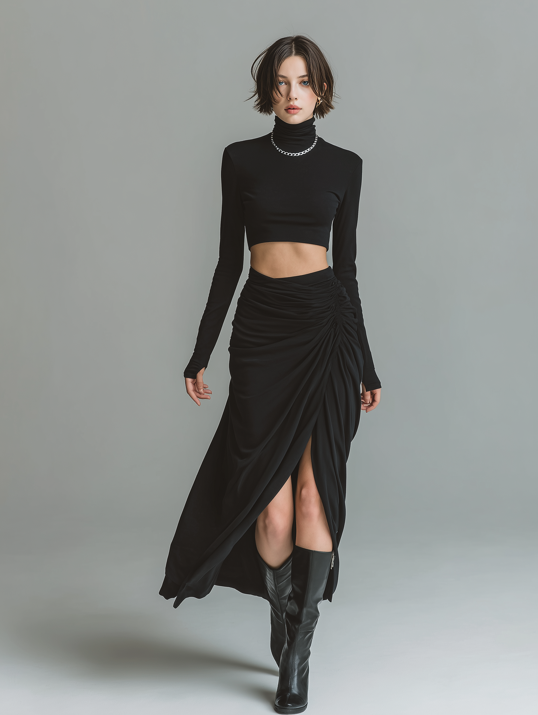 Women's Casual Black Stretch Knit Turtleneck Long-sleeved Top Paired With A Ruched Midi Skirt MDA0931L1AN