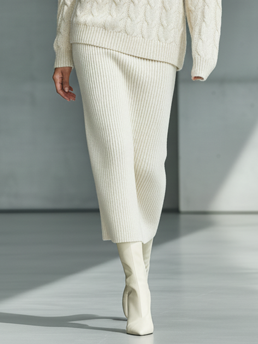 Women's Ivory Cable-Knit Sweater & Ribbed Knit Midi Skirt Set MDA1558L3T