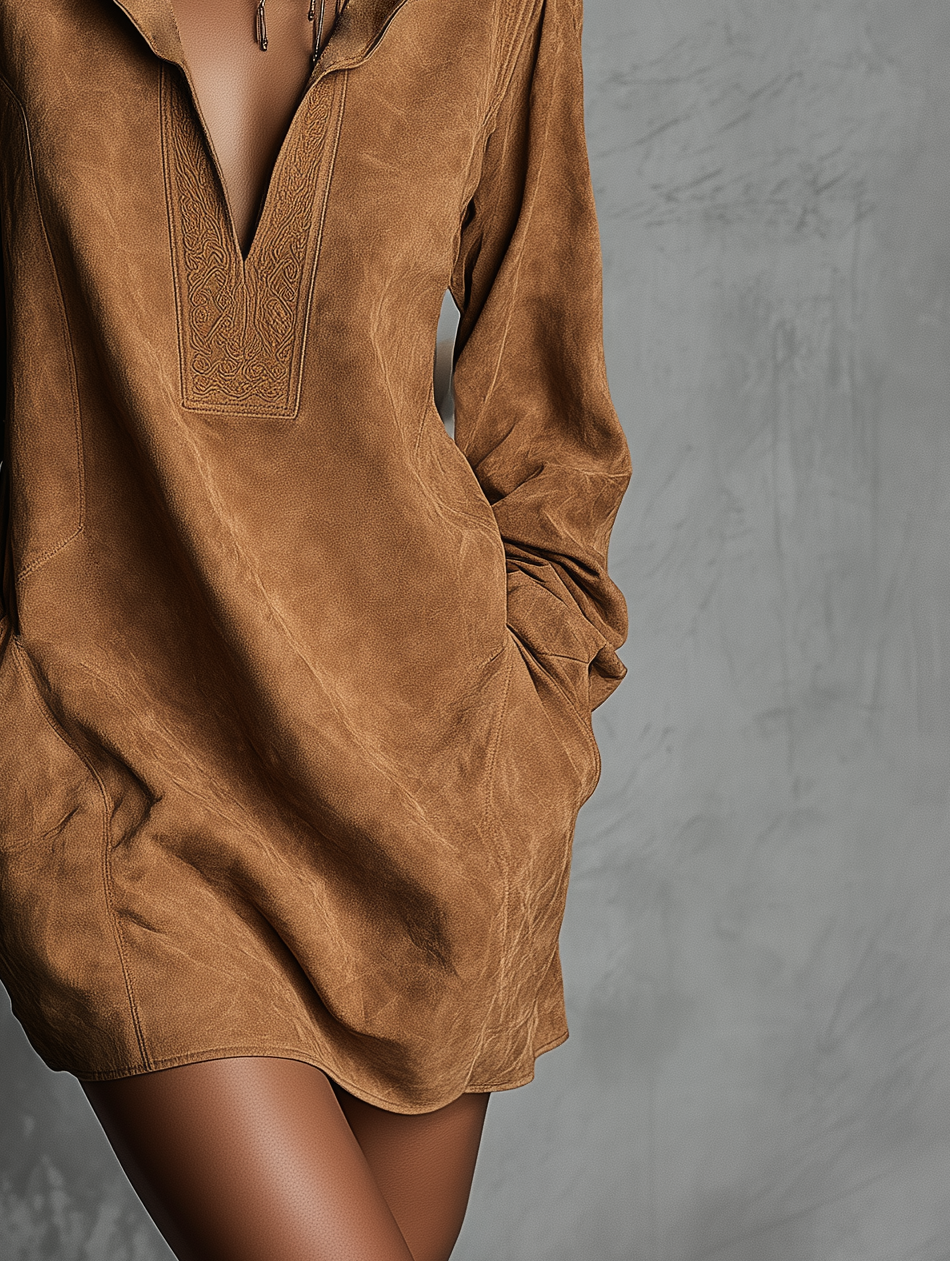 Women's V-neck Suede Embossed Long-sleeved Casual Dress MDA0483K5AN