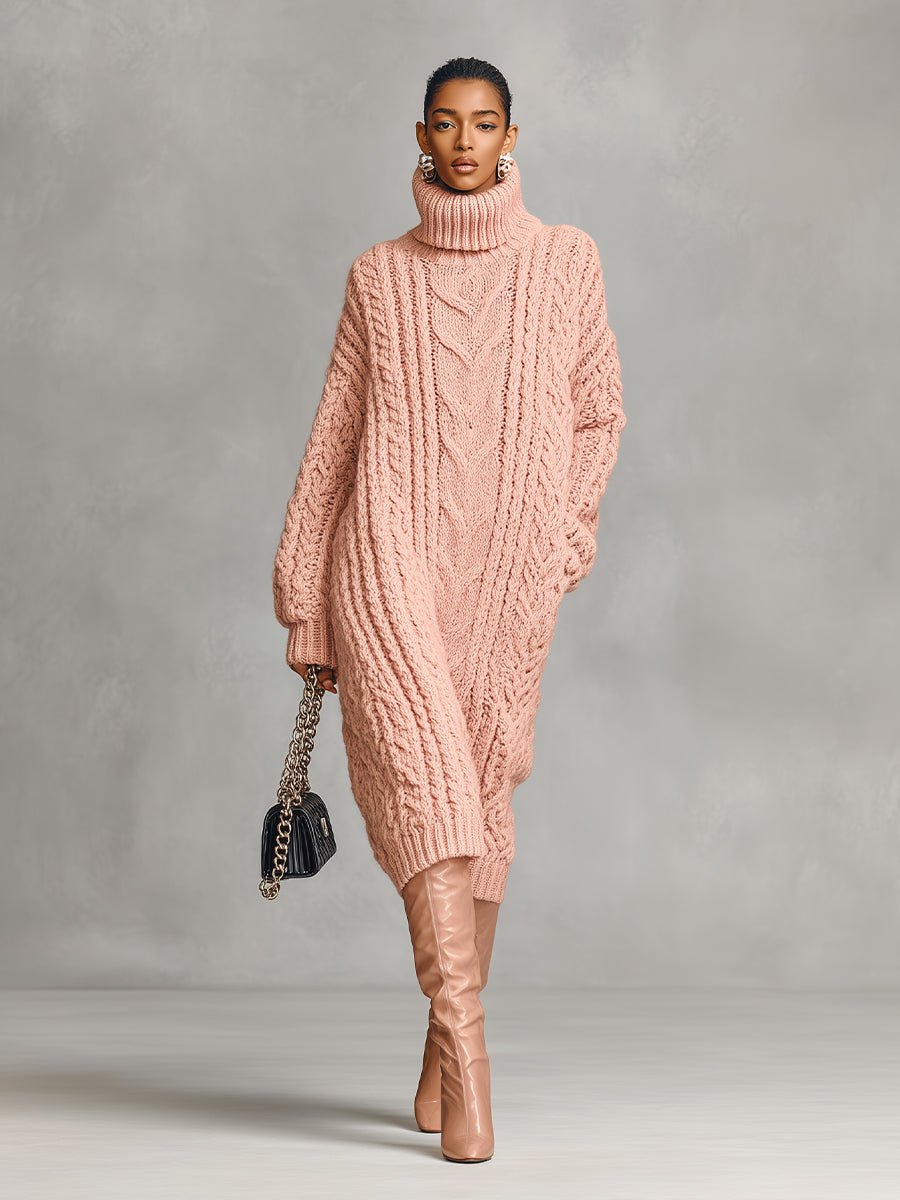 Women's Pink Elegant Cable - Knit Turtleneck Oversized Midi Sweater Dress MDA1945I6I