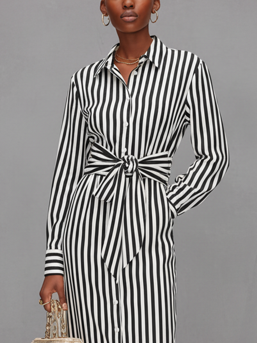 Women's Black-and-White Striped Fabric Collared Shirt Dress With Bow Belt MDA2220L4T