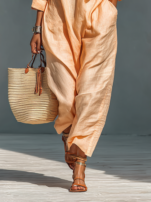 Women's Cotton And Linen Blend Button Lapel Loose Jumpsuit MDA3175G8Y