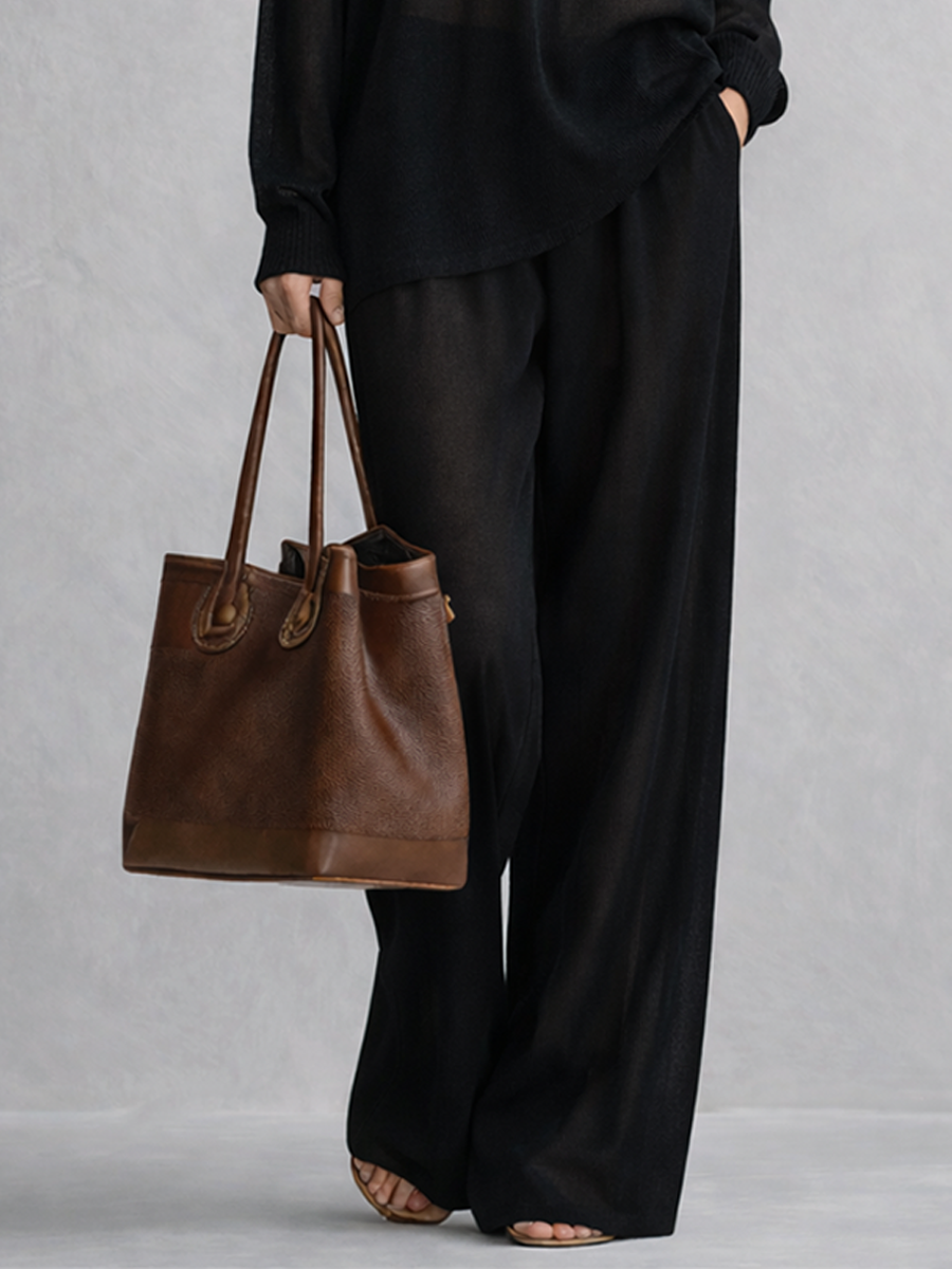 Women's Minimalist Black Twisted Linen V-neck Top And Wide-leg Pants Set MDZ1488A1BA