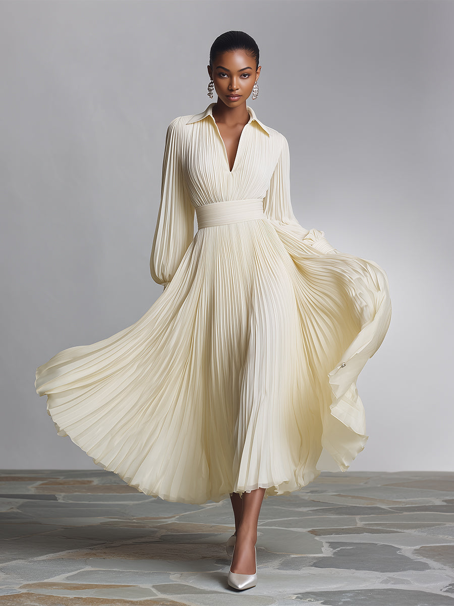 Women's Creamy Ivory Pleated Cotton Dress With Shirt Collar & Belted Waist, Timeless Romantic-Elegant Style Dress MDA1891L6I