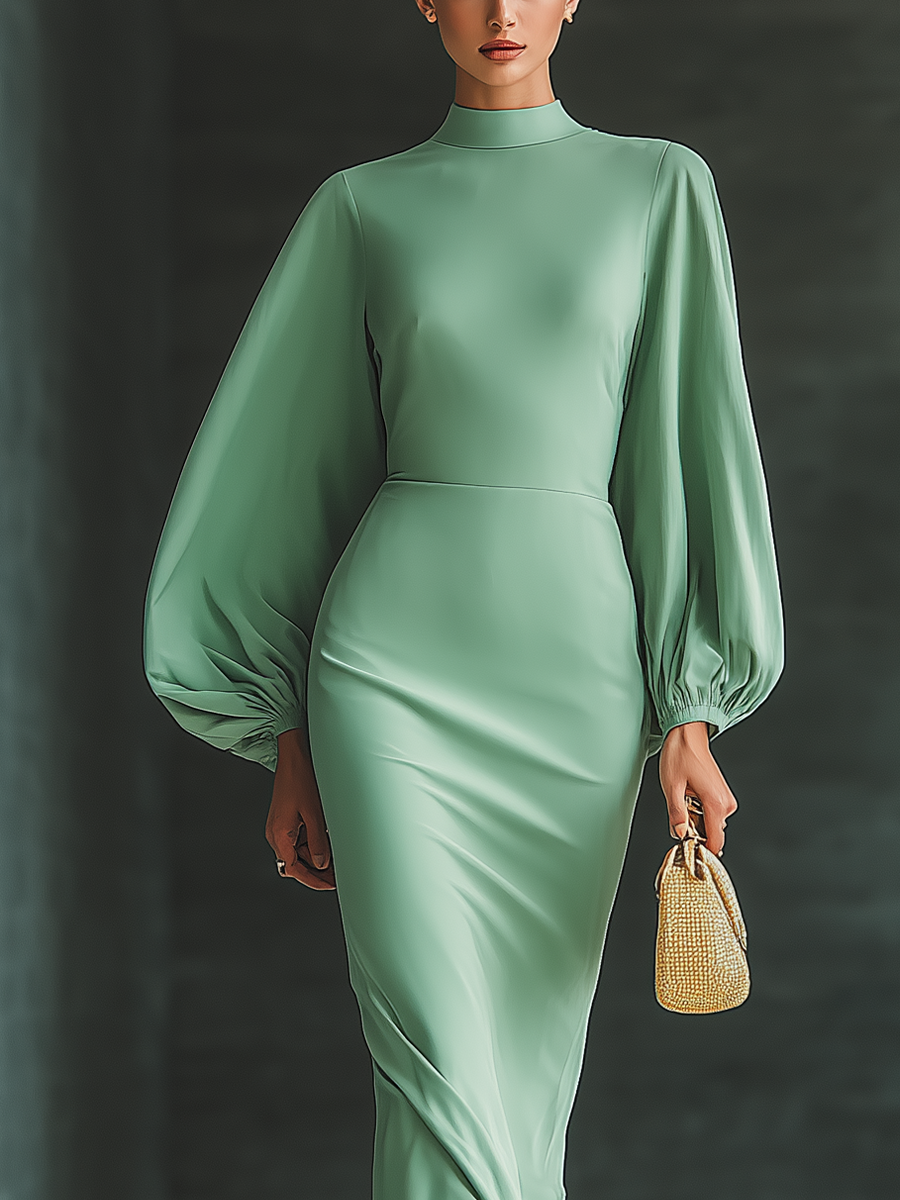 Women's Mint Green Satin High-neck Lantern Sleeve Maxi Dress MDA1024I8T