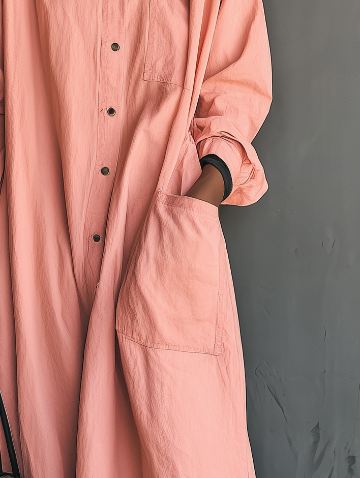 Women's Fashionable And Casual Pink Loose-fitting Long-sleeved Shirt Dress With Pockets On Both Sides MDA1542K4AN
