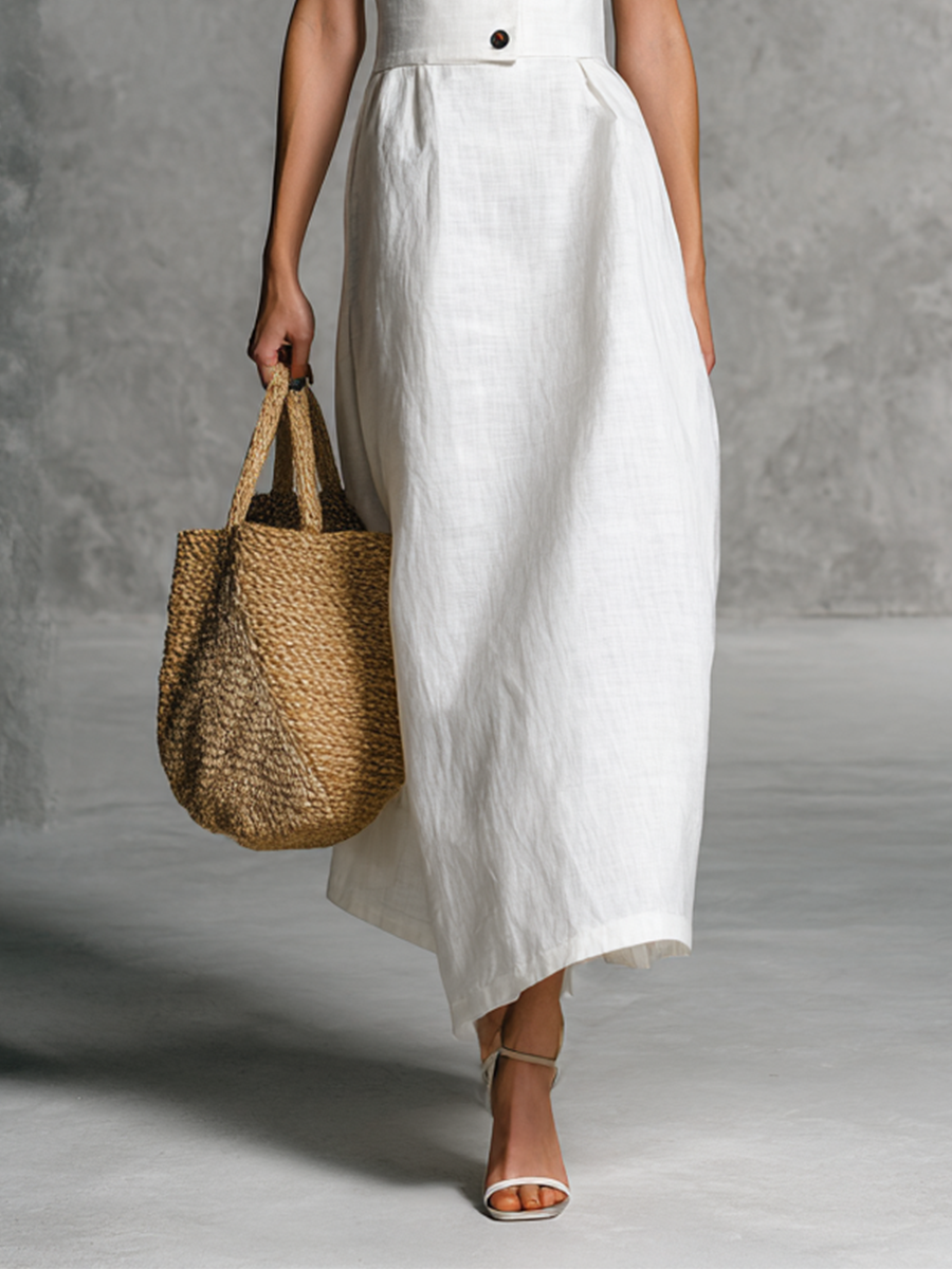 Women's Vintage White Cotton And Linen Mid-length Dress With A Sailor Collar MDZ2753A5BA