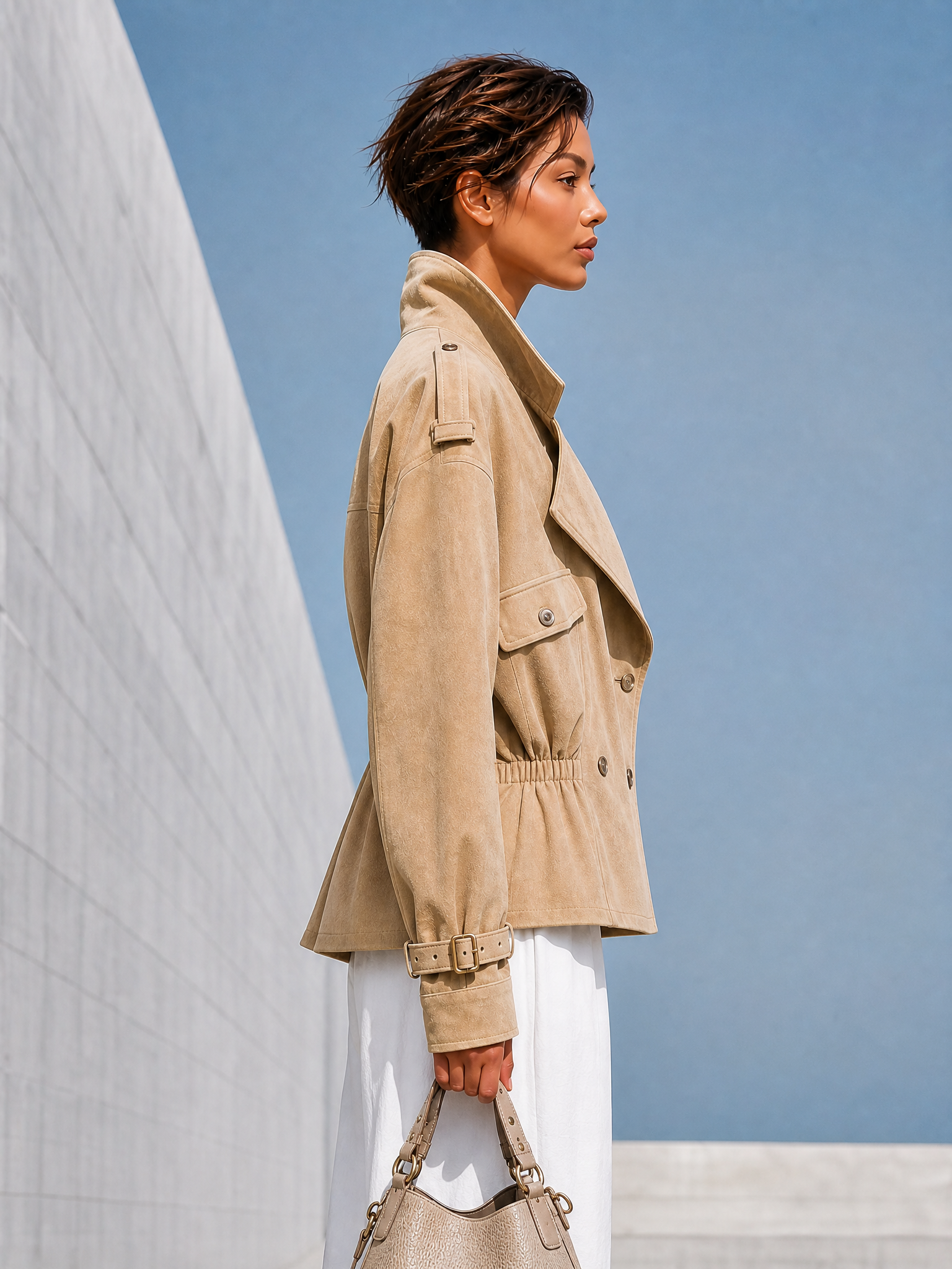 Women's Notched Lapel Utility Pocket Beige Jacket MDZ0113I0YZJ
