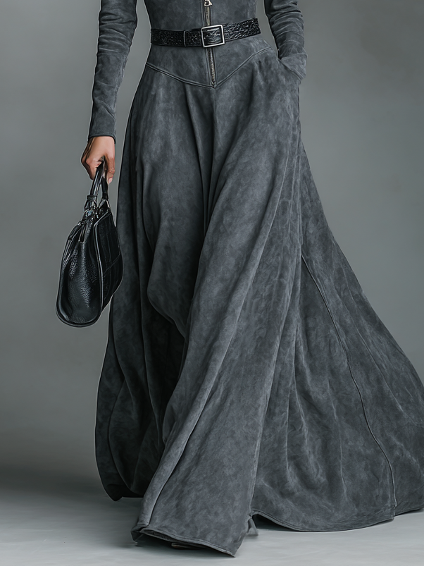 Women's Solid Color Environmentally Friendly Suede Zippered Stand Collar And Floor Maxi Dress (without Belt)MDA0188H9Y