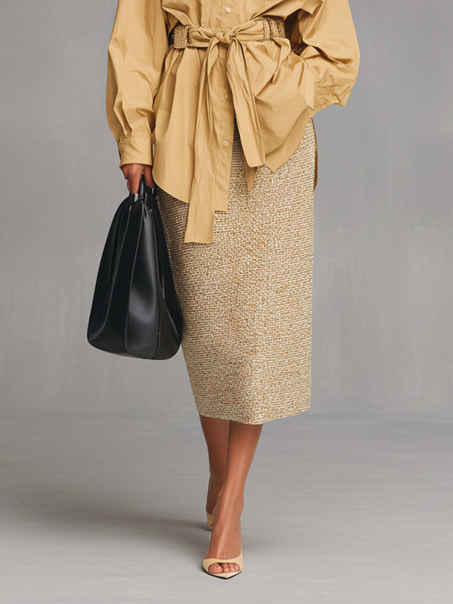 Women's Yellow Cotton-linen Blend Shirt And Tweed Skirt Suit MDA0474L0T