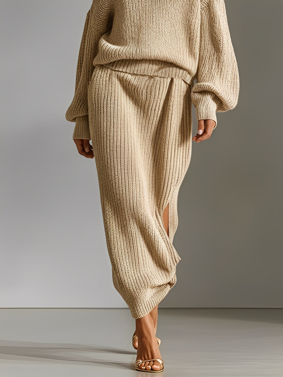 Women's Beige Ribbed Knit Elegant Set With Off-Shoulder Sweater & Midi Skirt, Luxe Casual Style Set MDA0431K7I