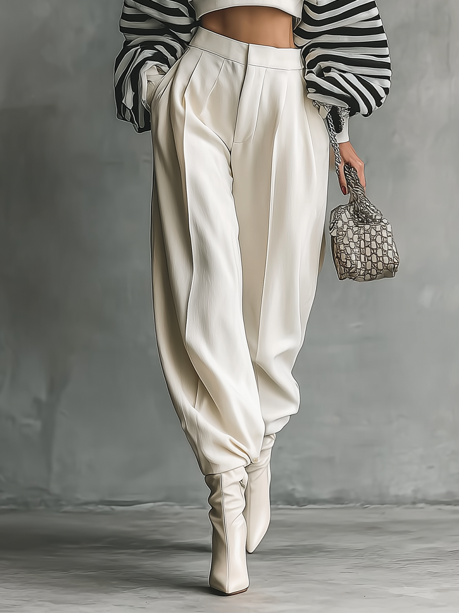 Women's White Knitted Top And Wide-leg Pants Set MDA1505H9T