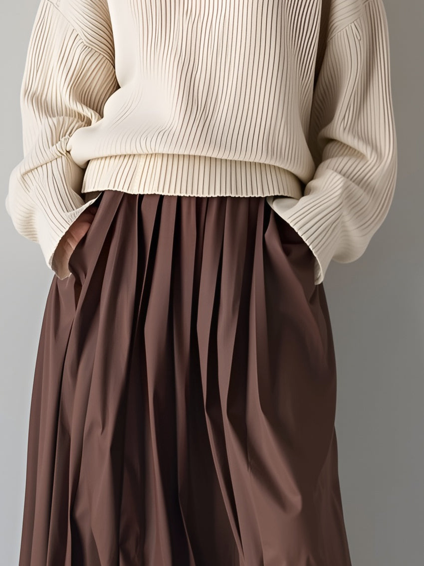 Women's Casual And Comfortable Off-white Turtleneck Loose Sweater Paired With A Brown Pleated Midi Skirt MDA0756K5AN