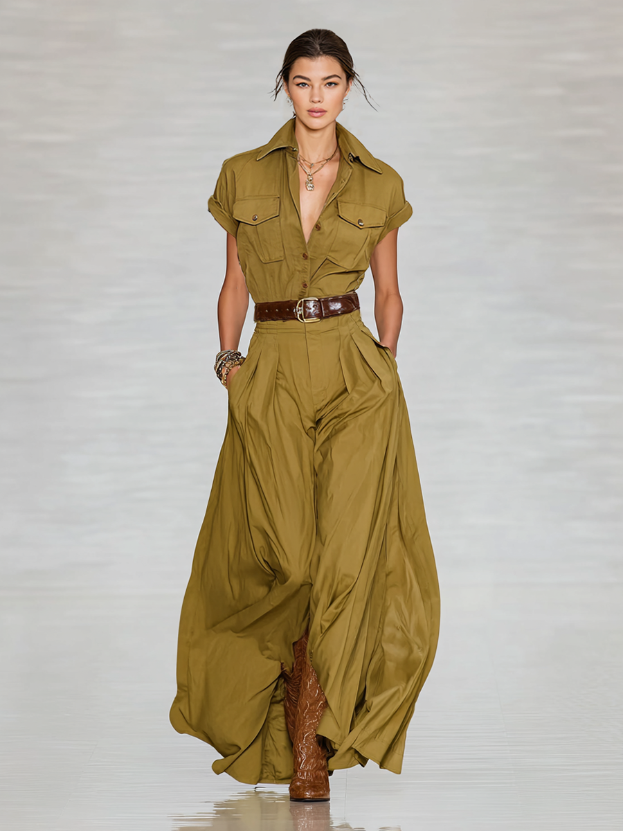 Women's Cotton Blend Lapel Single-breasted Short-sleeved Shirt Maxi Dress MDA1876G9Y