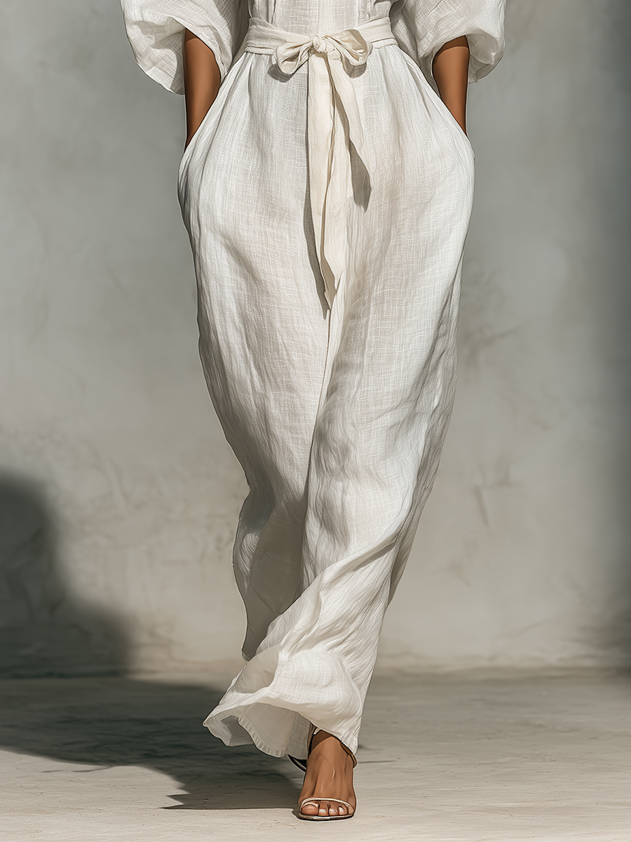 Women White Linen V-Neck Belted Wide-Leg Jumpsuit MDA1733L3T
