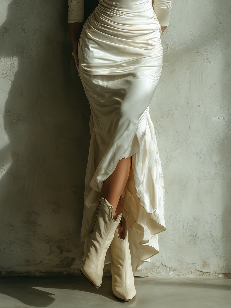 Women Ivory Satin Off Shoulder Ruched Maxi Dress MDA2361L0T