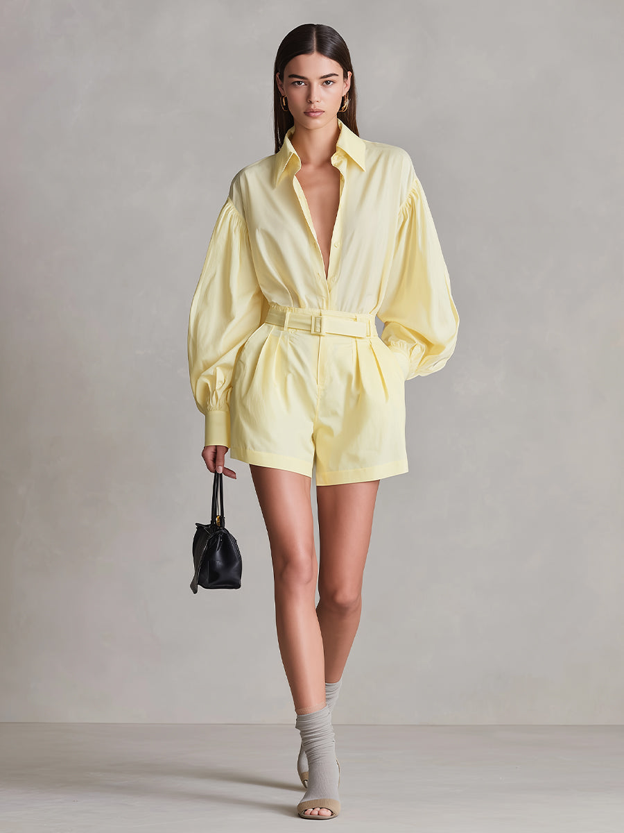Women's Bright Yellow Cotton Jumpsuit With Puff Sleeves & Belted Waist, Timeless Effortless-Chic Style Jumpsuit MDA1878L4I
