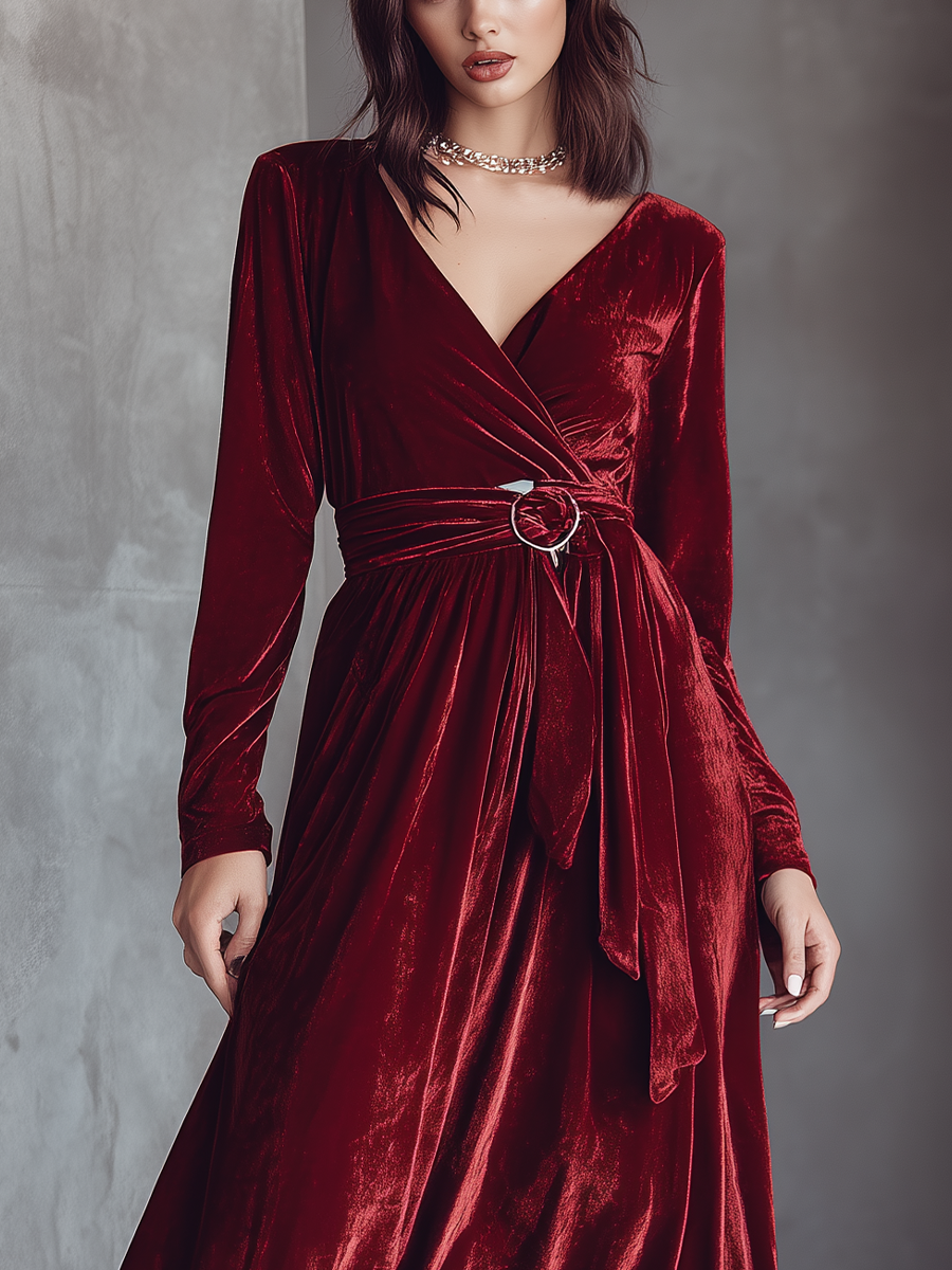 Women's Burgundy Velvet V-neck Tie-waist Maxi Dress MDA0462K8T