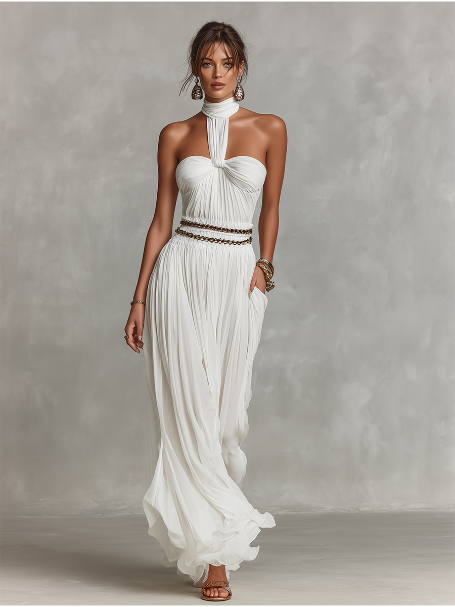 Women's White Chiffon Dress With Halter Neck & Ruched Bodice, Timeless Romantic-Elegant Style Dress (without Chain Belt) MDZ1224B5I