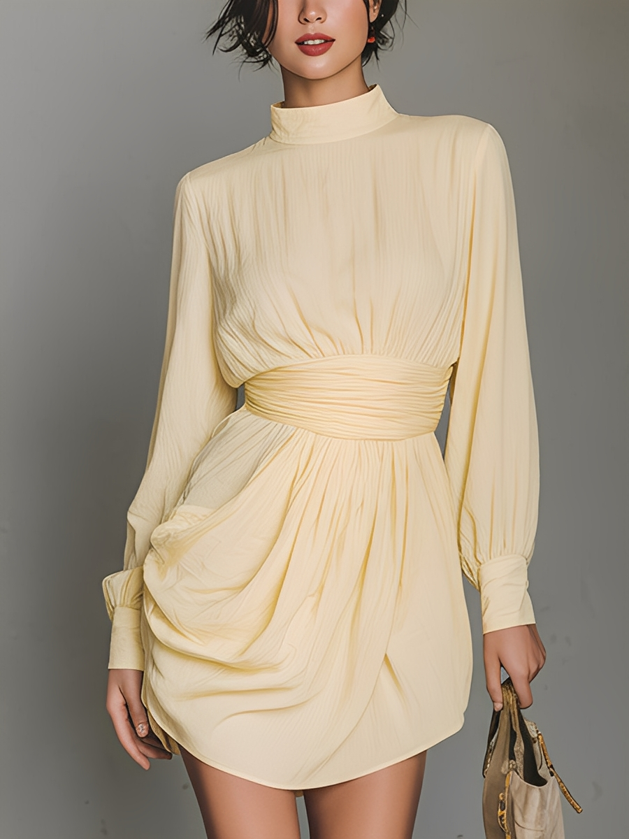 Women's Beige Chiffon High-neck Pleated Waist-cinching Dress MDA0599L5T