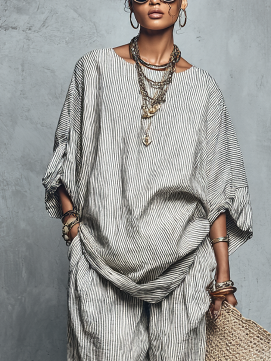 Women's Boho Striped Linen Blend Oversized Top And Harem Pants Set MDZ2761B2BA