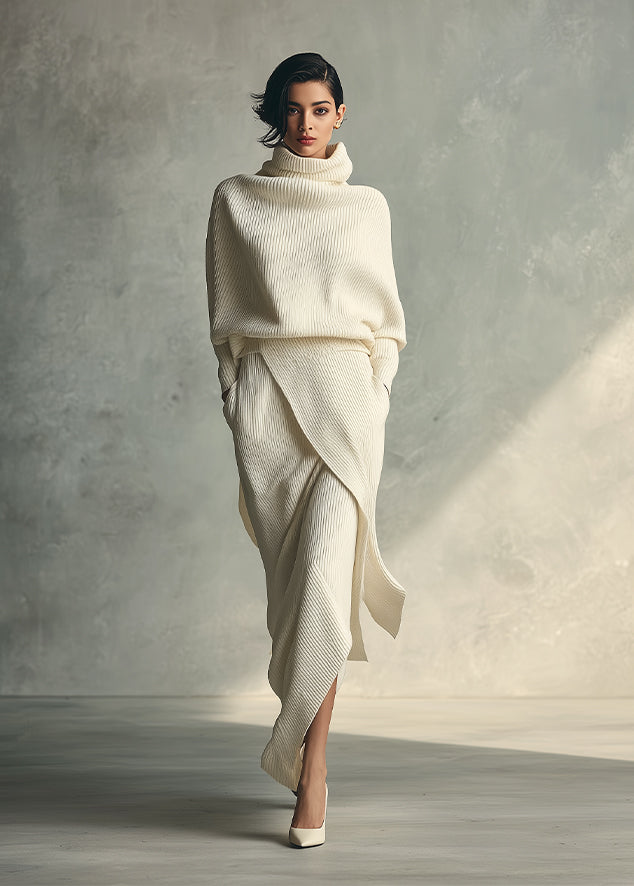 Women's Cream Elegant Rib - Knit Cowl Neck Wrap Skirt Set MDA1348H3I