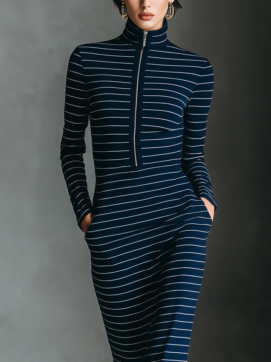 Women Navy Blue Knit Stripe High Neck Midi Dress MDA1832L4T
