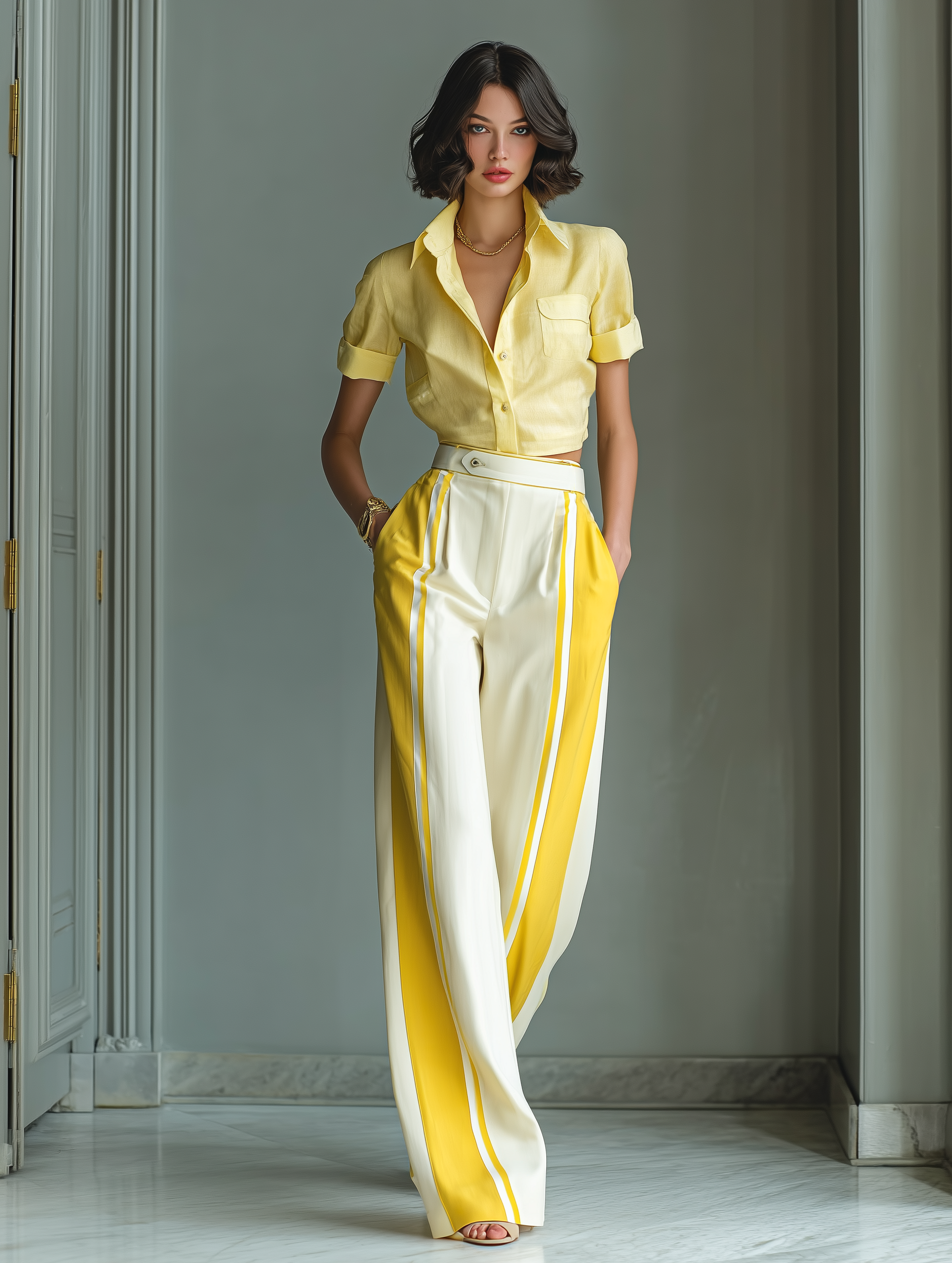 Women's Yellow Cropped Shirt & White Wide-Leg Pants Two-Piece Set With Contrast Stripes MDZ1134B1T