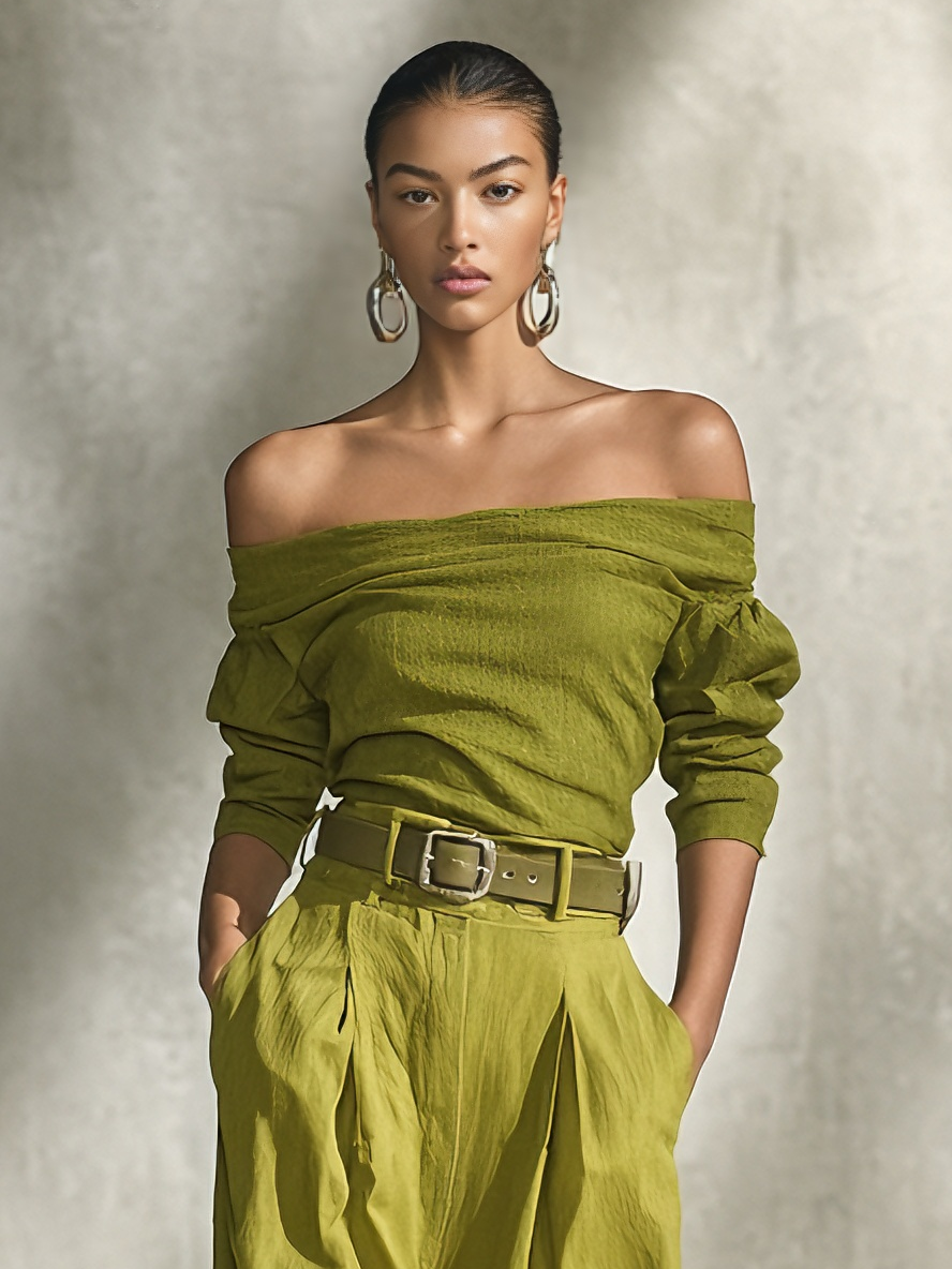 Women's Elegant Rayon Crinkled Slub Fabric Olive Off-Shoulder Belted Wide-Leg Pants Set（Without Belt）MDA2409L2AU